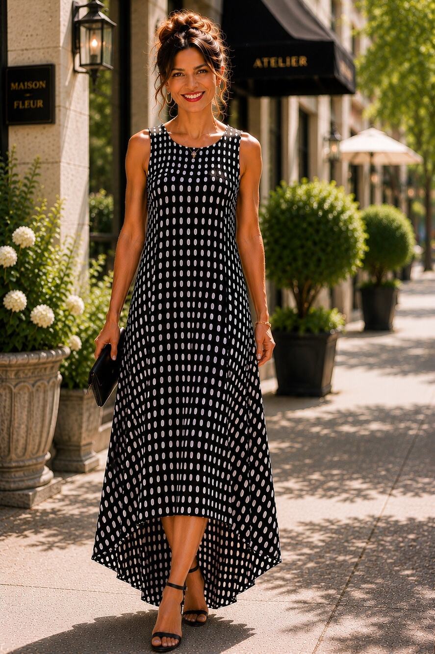 AGB California Black White Polka Dot High-Low Sleeveless Dress Large